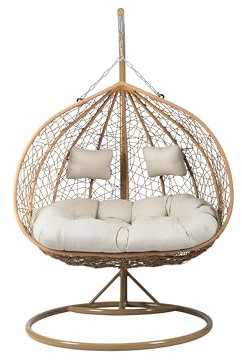 Mirjan24 Hängesessel Torn mit Polster und Kissen, 2-Sitzer Polyrattan Hängesessel mit Gestell, Outdoor Hängestuhl für Zwei Personen, Hängekorb, Zweisitzer (Braun + Natur/Beige)