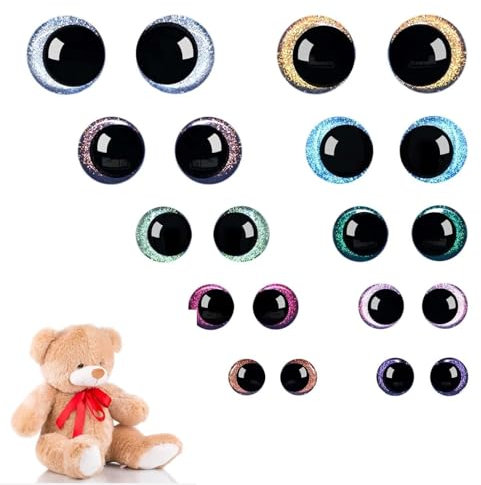 Ymxil 10 Paar Sicherheitsaugen Glitzer Augen für Häkeltiere 3D Amigurumi Knopfaugen Bunte Häkel Augen zum Aufnähen Bastelaugen Puppenaugen für Kuscheltier Plüschtier (12-14-16-18-20mm)