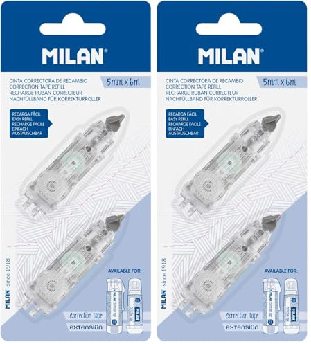 MILAN Blíster 2 recambios cinta correctora cilíndrica 5 mm x 6 m (Cilíndrica y Extension), BWM10467 (Paquete de 2)