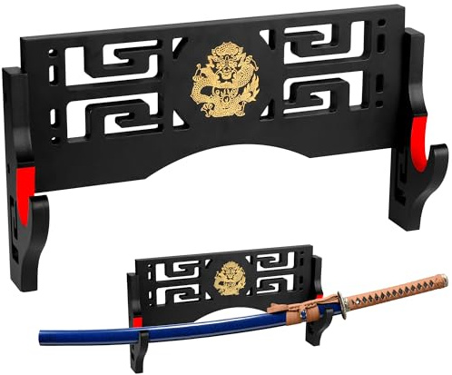 Alyoen Svärddisplay Katana väggmontering, Samurajsvärd Katana-hållare stativ med sammetspads krok och drakmönster, svärdställ för ljussabel Wakizashi Samuraj – 1 rad