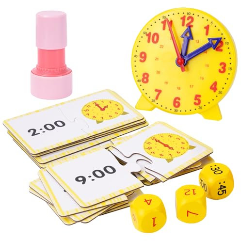 HDHGXUJRD Lernuhr Kinder, Grundschule Uhr Lernen, 12/24 Stunden Demonstrationsuhr, Uhrzeit Lernen Kinder mit Zeitkarte, Würfeln und Stempeln, Uhr Lernen für Kind ab 4 5 6 7 8