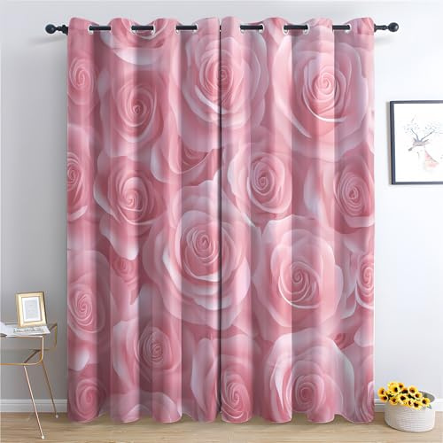 Luxfieo Pink Rose Blackout Curtains for Living Room Bedroom - 54 Inch Drop Curtains 46x54, Romantic Rose Floral Patterned Window Treatments, Thermal Eyelet Drapes 2 Panels