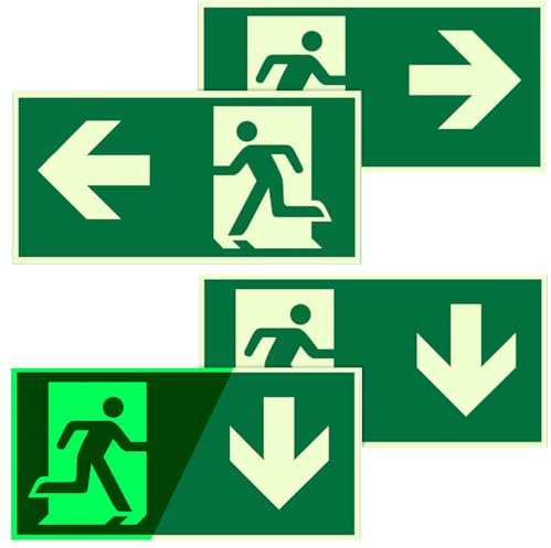 TTYSHIP® 4 Pezzi Uscita di Emergenza Cartello, 300x150mm Autoadesivo Cartello Uscita di Emergenza Luminoso per Hotel, Scuole (Sinistra, Destra, Giù)