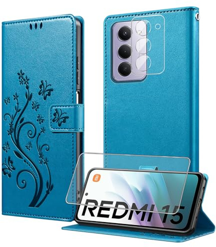 Hülle für Xiaomi Redmi 15 Handyhülle, Blau | Schutzfolie und Kameraschutz, 3 Kartenfächer, Magnetische Flip Klapphülle, PU Leder, Stoßfeste TPU, Standfunktion Schutzhülle