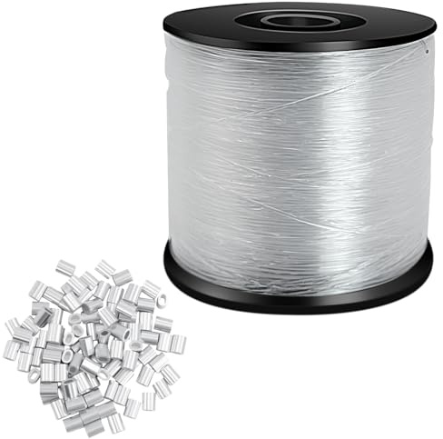 200M Strong Clear Invisible Fishing Wire with 100 Aluminum Crimping Sleeves, 0.8mm Monofilament Fishing Line for Hanging Crafts and Outdoor Fishing