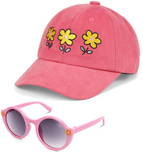 BTHRORO Set Cappellino da Baseball e Occhiali da Sole per Bambina, Cappello da Baseball Regolabile Berretto Estivo con Visiera e Protezione UV per Bambine 2-6 Anni, per Esterno, Viaggi e Tempo Libero