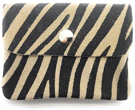 Mini Geldbörse Leder Made in Italy | Echtes Rindleder | Kompakt 11x8,5cm | 50g leicht | 3 Fächer | Druckknopf | Damen Herren | Münzfach Scheinfach | Portemonnaie (Zebra)