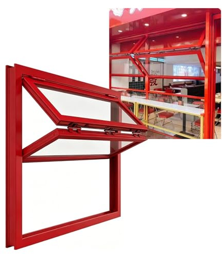 Fenêtre De Service Pliante En Aluminium Rouge, Fenêtres De Concession Coulissantes Pliantes Personnalisables Avec Verre Renforcé Et Serrures(WxH 34x38in/86x96cm)