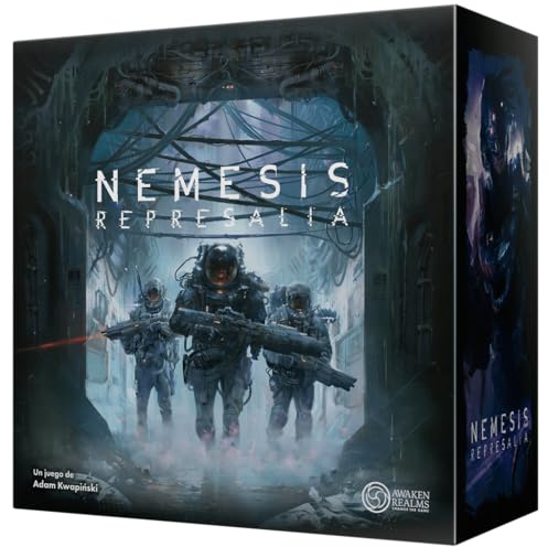 Awaken Realms Nemesis: Represalia, Science-Fiction-Brettspiel und Terror, dritte Ausgabe der Serie Nemesis, Marines gegen Alien-Horde, ab 14 Jahren, für 1 bis 5 Spieler, Spanisch