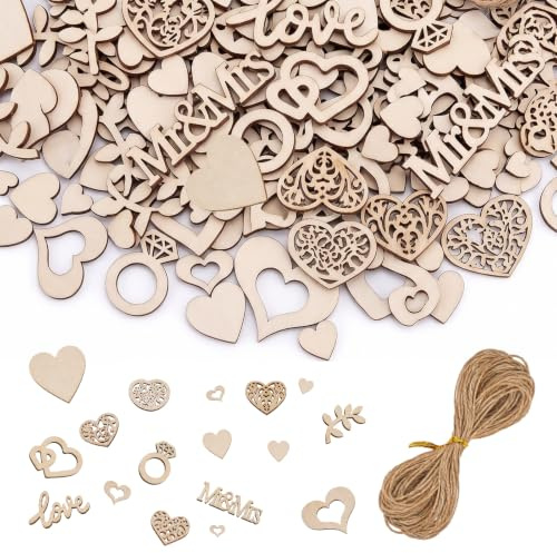 394 Stück DIY Holz Herzen Set mit Juteseil, Bastelset, Tischdeko Kommunion Konfirmation Hochzeit, Deko Geburtstag, Streudeko & Dekosand für Taufe