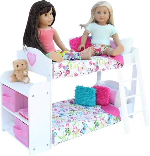 PZAS Toys Doll Bunk Bed - Bunk Bed for 18 Inch Dolls 23 Piece Set Complete with Linens, Pajamas, and Shelves, Fits American Girl Doll