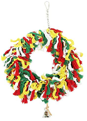 PARROT ESSENTIALS Colourful Cotton Rope Swing with Bell - Rainbow Perch Ringing Swing for Budgies, Cockatiels, Conures - Parrot Toy Nest Swing Encourages Foot Exercise - Hanging Rope Parrot Toy