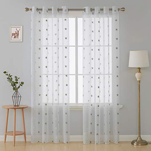 Deconovo Voile Gardinen mit Ösen Bestickte Vorhänge Vorhang Transparent Vorhang Leinenoptik Stern, 229x140 cm(HöhexBreite), Hellgrau, 2er Set