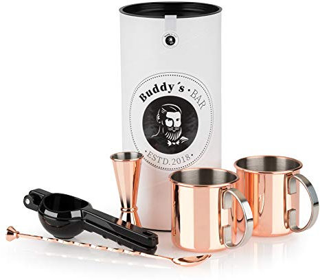 Buddy's Bar - Moscow Mule Set Complet, gobelet de Cocktail en Aspect cuivre Poli de 500ml, cuillère de Bar de 27cm, Mesure Jigger de 5cl & Presse Citron, Set de gobelets de Cocktail avec boîte Cadeau
