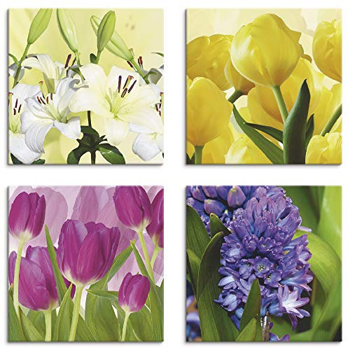 ARTLAND Wanddeko Blumenbilder Leinwand Bilder Set 4tlg. je 30x30 cm Quadratisch Wandbilder Natur Blumen Tulpen Wiese Lilien Hyazinthe D3DQ