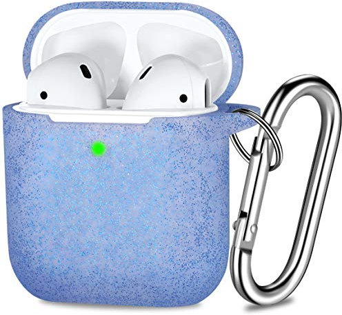 Maledan Kompatibel mit AirPods Hülle AirPods Case Apple Airpods 2 & 1, Bling Glänzend Glitzer Schutz Silikon Schutzhülle (Front LED Sichtbar) mit karabiner, Glitzer Blau
