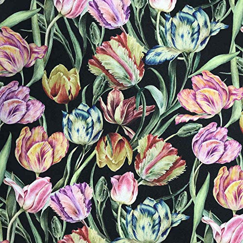 Kt KILOtela - Halbpanama Dekostoff - Digitaldruck - 140 cm Breite - Meterware ab 0,5 m - Preis Gilt für 0,5 m | Tulpen - Schwarz, Mehrfarbig
