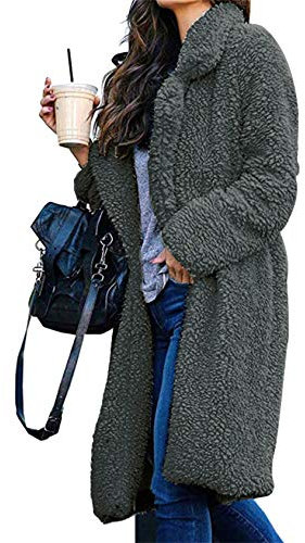 EFOFEI Damen Vordere Leistentaschen Zweireihig Coat Casual Mantel TeddyjackeTeddy Jacke Sherpa Mantel Grau XL