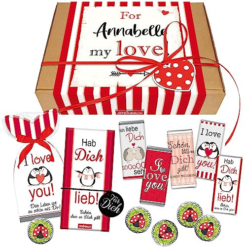 STEINBECK Personalisierte Geschenkbox Liebe Valentinstag mit Namen Vorname Geburtstag Weihnachten Mitbringsel Schokolade Fruchtgummi