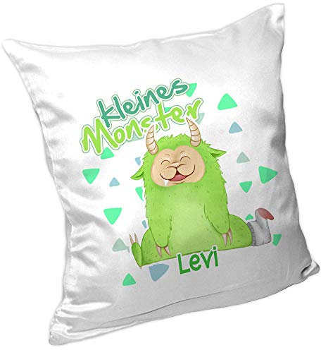 Eurofoto Kissen mit Namen Levi und Motiv mit kleinem grünen Monster für Jungen | Namenskissen personalisiert | Kuschelkissen | Schmusekissen