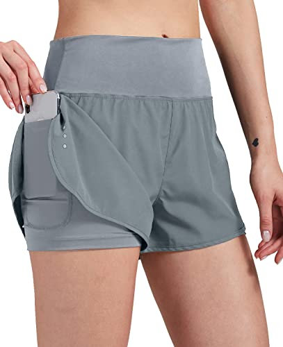 VIGVAN 2 in 1 Laufhose Damen Sport Shorts Sommer Kurze Hose Schnelltrocknend Fitness Yoga Shorts Gym Jogging Training Sporthose für Damen mit Taschen (GY, M)