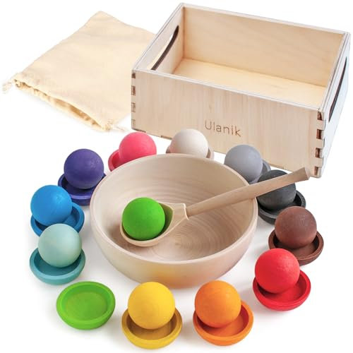 Ulanik Bälle auf Platten Montessori Spielzeug Holz Sorter Spiel 12 Bälle 30mm Alter 1+ Farbe Sortierung und Zählen Vorschule Lernen Bildung