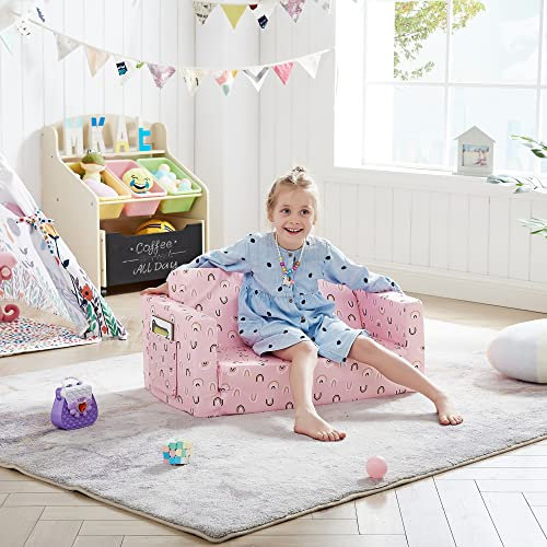 Ulax Furniture Kids Fold Out Couch 2-in-1 Children Convertible Sofa to Lounger with Soft Plush Fabric (Pink Rainbow)