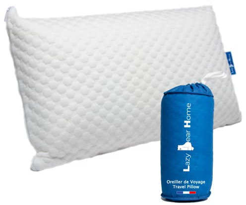 Lazy Bear Home | Coussin de Voyage Oreiller Memoire Forme | Oreiller Ergonomique Orthopédique pour Cervicales |Coussin Avion, Voiture, Bureau | Housse Déhoussable | Marque FR | Fabriqué UE | 42x23cm