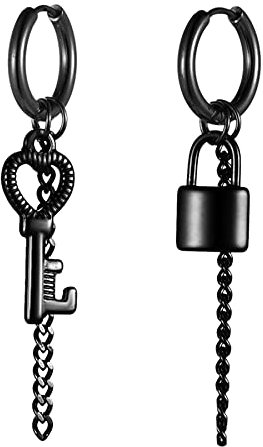 JewelryWe Schmuck Ohrringe Creolen mit Schloss, Schlüssel und Kette Anhänger Edelstahl Hängend Ohrhänger Huggie Ohrstecker Geschenke für Herren Damen Schwarz