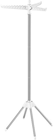 SONGMICS Clothes Airer, Clothes Drying Rack with 3 Rotatable Arms for Hangers, 4-Leg Indoor Folding Laundry Rack, Stainless Steel, for 27 Pieces of Clothes, 151.5 cm High, White and Silver LLR510W01