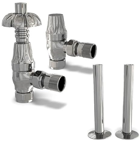 UK Radiators Chrome Thermostatic Radiator Valves and Angled Lockshield Valve - Polished Chrome Finish - Traditional Design 1/2 x 15mm Metal Head Radiator Valves with 130mm Pipe Covers