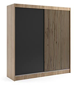 ALTDECOR Kleiderschrank mit Lamel-Schiebetüren, Führungsschienen und Aluminium- Leisten, LED-Beleuchtung und Fernbedienung - VILAN - 200 cm Sonoma Eiche + Lamelle Eiche Wotan