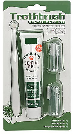 Dental Care Kit (4 Pieces) - Dog Toothbrush and Toothpaste Beef Flavor & Puppy Teeth Finger Brush - Plaque Remover & Breath Freshener