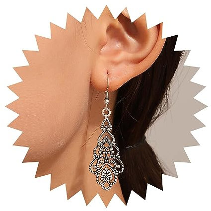 Inateannal Vintage Gota Largo Hueco Pendientes de Plata Filigrana con Flores Étnicas Tribales para Mujeres y Niñas