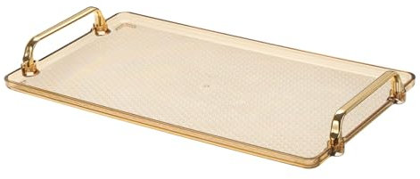 PATIKIL Plastic Serving Tray with Golden Handle, 16.1 x 8.7 Modern Rectangular Decorative Tray Reusable Jewelry Platter for Countertop Bathroom Kitchen, Amber