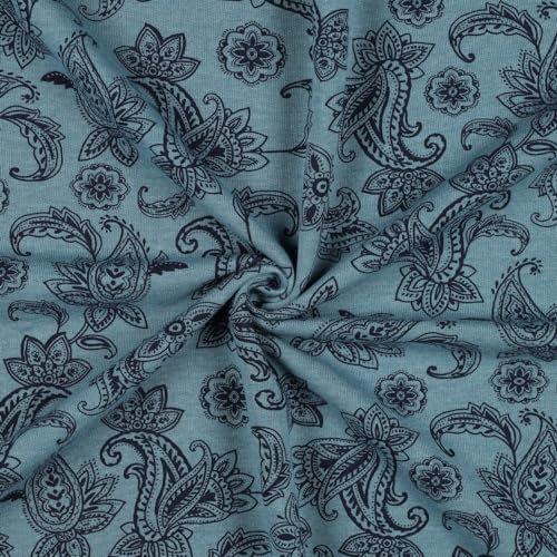 Stoff Meterware Paisley Melange Sweat - 1 Meter, Bekleidung, Kinder, Shirt, Pulli, Hose, Jacke, Mütze, Beanie, Loop, Schal, wärmend, Herbst, Winter, kalt (Blau)