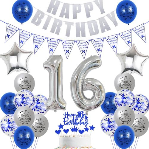 Hopewey Deko 16. Geburtstag Junge Mädchen Dekoration silber blau Tortendeko 16. Geburtstag Luftballons 16 Geburtstag Deko Junge 16. Geburtstag Junge Ballon Geburtstagsdeko 16 Jahre Junge silber