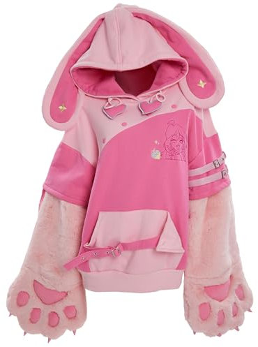 Winx Club Damen-Kapuzenpullover mit abnehmbaren pelzigen Katzenpfoten-Handschuhen, niedliche Handtasche, Doppelzweck-Ärmel, Pink, L