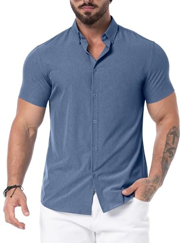 QIXING Men's Muscle Fit Shirts Wrinkle-Free Short Sleeve Casual Shirt Stretch Slim Button Down Shirt(VG Denim Blue, L)