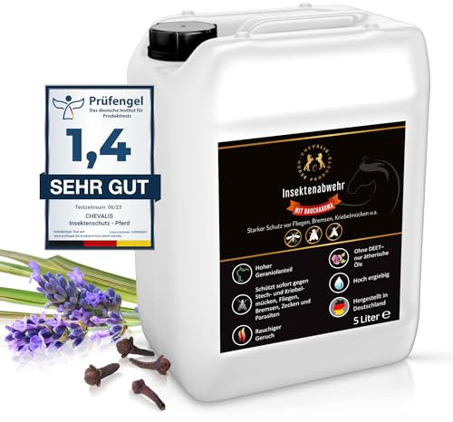CHEVALIS Fliegenspray & Insektenschutz Pferd, EXTRA STARK, 5L Kanister mit Raucharoma, Sofortiger Schutz gegen Bremsen, Fliegen, Kriebelmücken, Zecken, Mit ätherischen Ölen und Geraniol