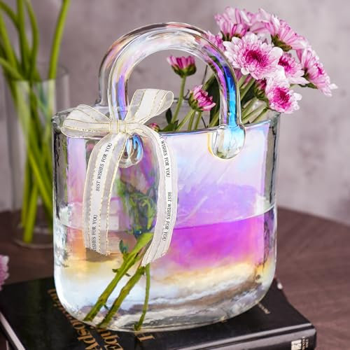 NiHome Vase à main en verre irisé pour fleurs, vase en verre à large ouverture pour décoration de la maison, mariages, anniversaires, poignée épaisse durable et nœud en ruban de soie, utilisation