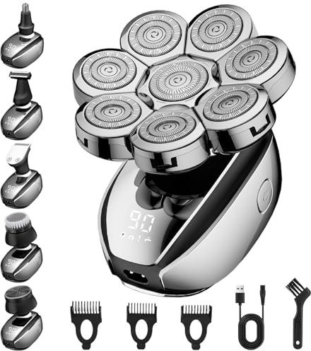 Glatzen Rasierer Herren Elektrisch, 6 in 1 Skull Shaver, Kopfrasierer Glatze mit 8 Rotierende Scherköpfe, IPX6 Rasierapparat Herren Rasierer