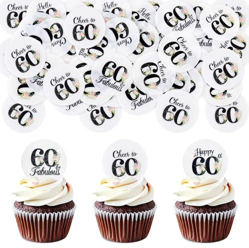 Blumomon 40 Stück Essbare 60th Happy Birthday Cupcake Toppers Cheers to 60 Fabelhafte Kuchendekoration 60 Geburtstag Party Dekoration Essbare Tortendekoration zum 60 Geburtstag
