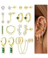 JeweBella Stud Earrings for Women Hypoallergenic Surgical Steel Earrings Small Silver/Gold Studs Hoop Earrings Chain Drop Earrings Stack Cartilage Earrings Sets for Multiple Piercings