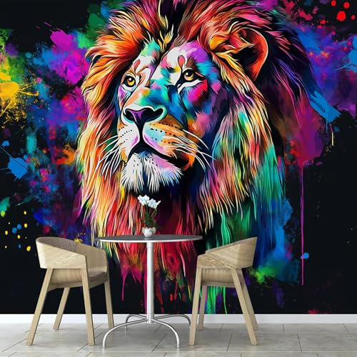 Papier Peint Photo Wallpaper Mural,3D Panoramique Murale Lion Aquarelle Abstrait Animal, Papier Peint soie 400×280cm, pour Salon, Chambre Enfant Décoration Murale