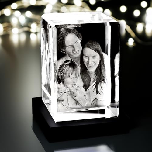 contento 3D Gravur Kristall | Dein Foto als 3D Glasfoto | bis 4 Personen/Tiere | Personalisiertes Geschenk für jeden Anlass, Geburtstag, Hochzeit, inkl. LED Leuchtsockel | Größe L hoch