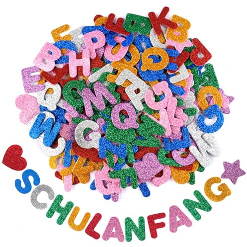 Moosgummi Buchstaben Selbstklebend, 196 Stück Glitzer Schaumstoff Buchstaben Aufkleber, Alphabet Stern Herz Sticker für Schultüte, Einschulung Schulanfang Deko, Basteln, Scrapbooking Zubehör