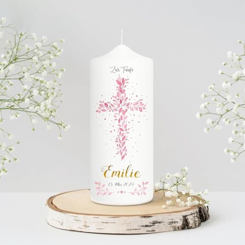 Wandtattoo Loft Taufkerze Mädchen personalisierte Patenkerze, Motiv Heiliges Kreuz aus rosa Blättern, 18cm x 7cm, personalisierte Kerze, bedruckte rosa Kerze Taufe, individuelles Taufgeschenk
