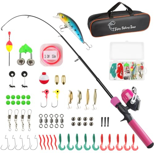 Kids Fishing Pole Kit, 59'' Telescopic Rod and Reel Beginner Combo with Spincast Reel,Tackle Box, Carrier Bag,Fishing Gear for Boys,Girls, Toddler,Youth (Pink 4.92ft)