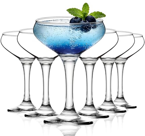 6er Set Champagnerschalen 235ml - Martini Cocktailgläser im Vintage Art-Deko-Design der 20er Jahre, Ideal für Partys (Margarita, Whisky, Gin, Tequila) - BPA-frei & Spülmaschinengeeignet, Kristallklar